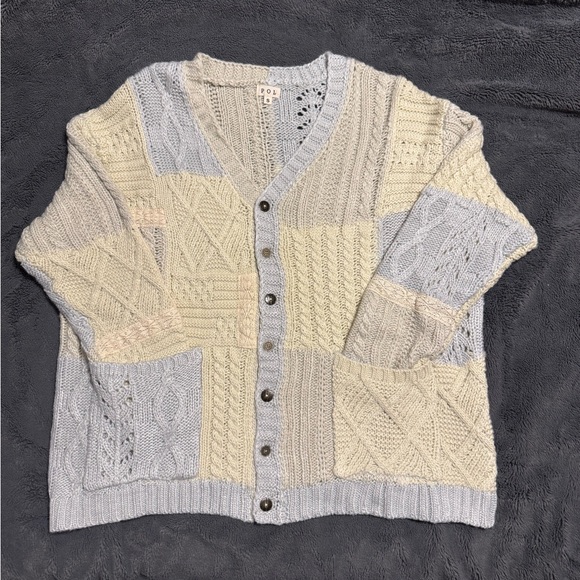 POL Patchwork Knit Cardigan, Cream and Baby Blue, Size S Color - Picture 1 of 5